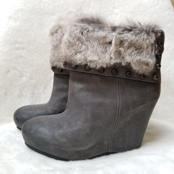 Beautiful ASH Rabbit Fur Trimmed Uranus Wedge Bootie Grey Ankle Boot US 8 - Picture 2 of 10